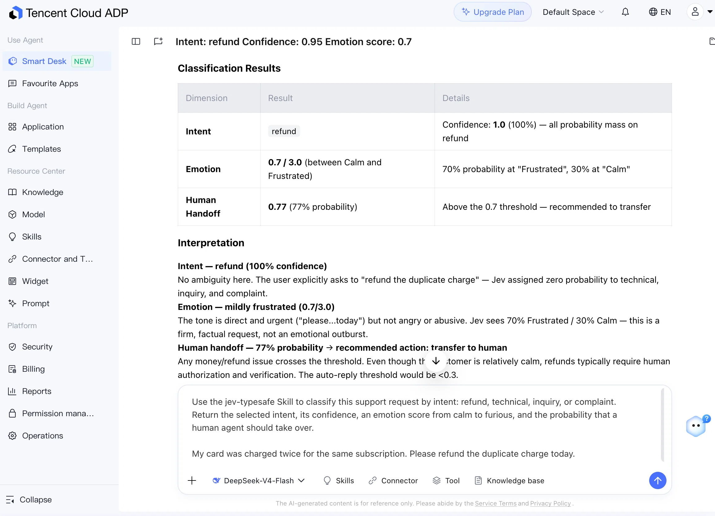 ADP Smart Desk interactive classification results with the jev-typesafe Skill